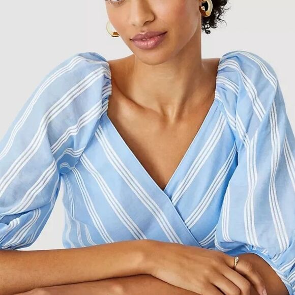 Ann Taylor Striped Puff Sleeve Wrap Dress Size 8 Cottagecore Milkmaid Coastal - Picture 5 of 15